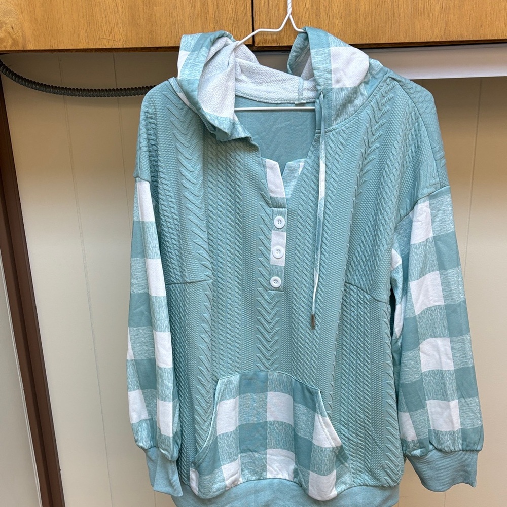 Teal and White Checkered Hoodie